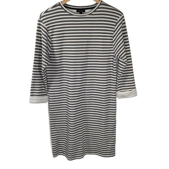 Topshop Gray Cream Striped Mini Shift Dress Women’s 6 - Picture 1 of 11
